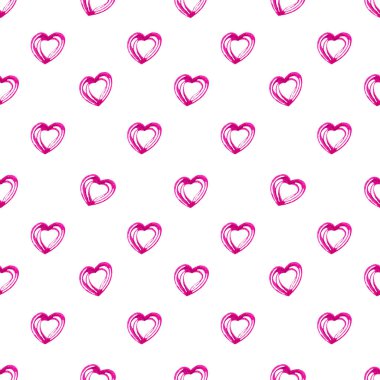 Parlak elle boyanmış suluboya kalplerle kusursuz bir desen. Sevgililer Günü için romantik dekoratif arka plan