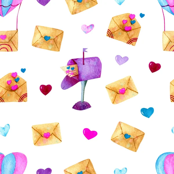 Valentine Day Seamless Pattern Print Hearts Baloon Love Letter Mailbox — 图库照片