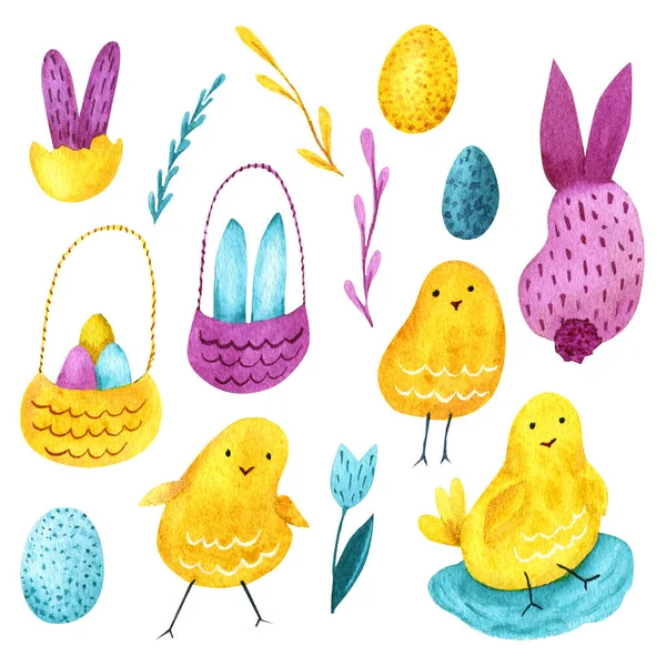 Set Von Aquarell Ostern Dekorative Elemente Hühner Kaninchen Blumen Eier — Stockfoto