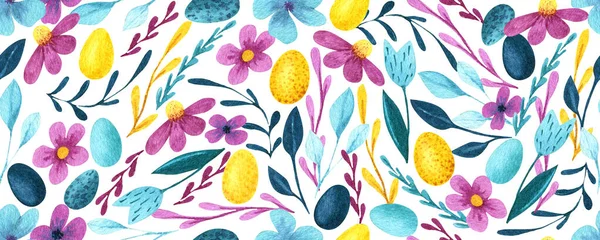 Akvarel Velikonoční Hladký Vzor Vejci Květy Větvemi Originální Ručně Kreslený — Stock fotografie