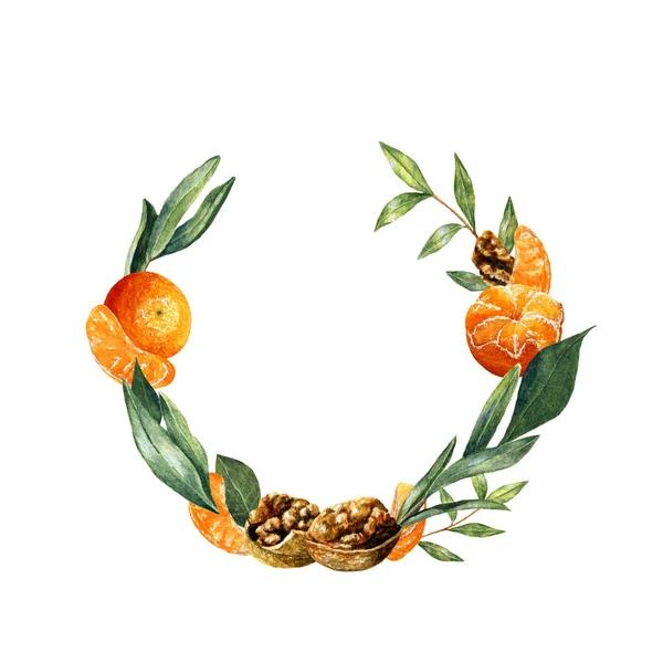 Akvarel Ovoce Věnec Zeleně Polokrouhlý Rám Vlašskými Ořechy Mandarinkami Listy — Stock fotografie
