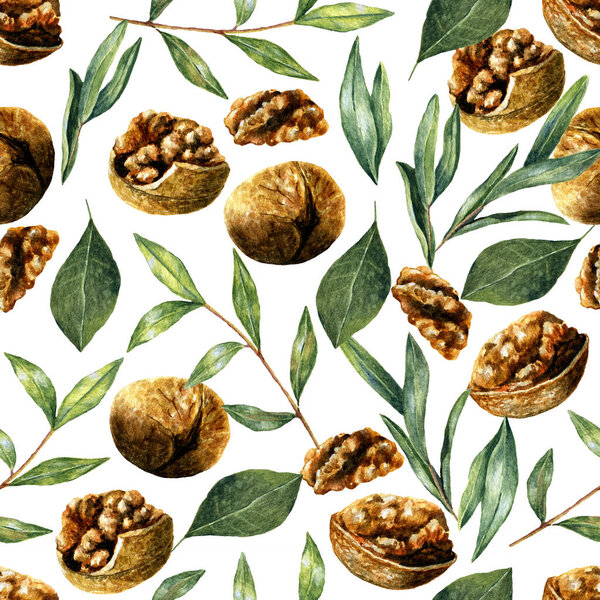 Watercolor seamless pattern with walnuts and greenery. Tropic design with natural organic elements. Hand drawn print for wrapping and textile