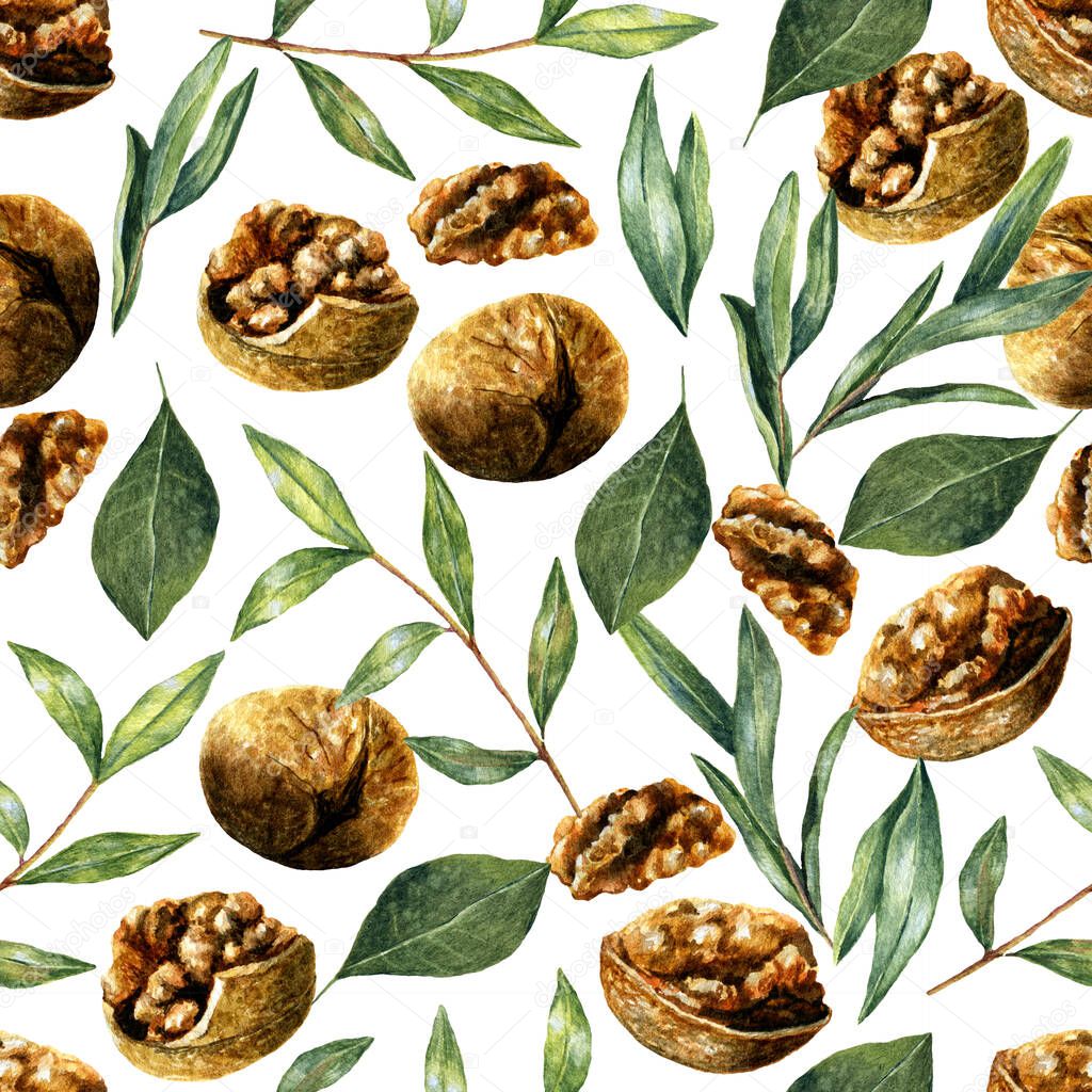 Watercolor seamless pattern with walnuts and greenery. Tropic design with natural organic elements. Hand drawn print for wrapping and textile