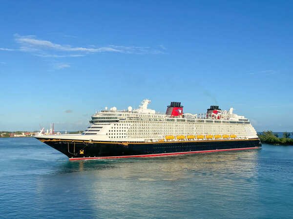 Nassau, Bahamas - October 13, 2021:  The Disney cruise ship sailing into Nassau, Bahamas port for the day.