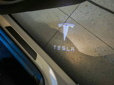 Orlando, FL USA - 2 Aralık 2021: Tesla 'da araba kapısı açarken su birikintisi ışıkları