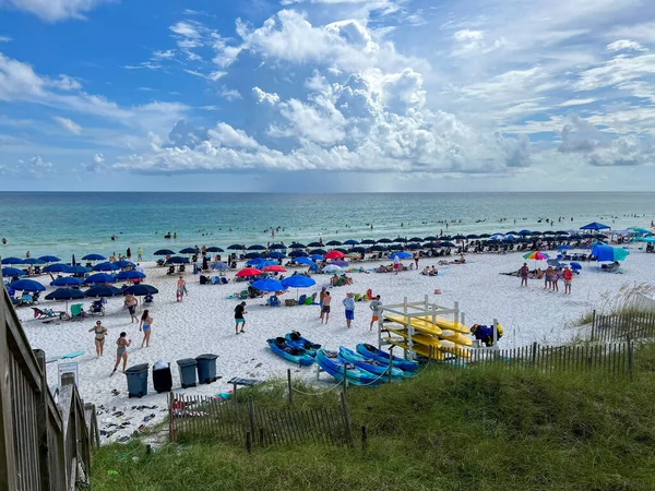 Watercolor Usa July 2022 Aerial View Beach Blue Umbrella Lounge — Φωτογραφία Αρχείου