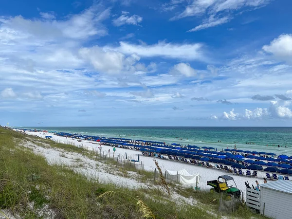 Watercolor Usa July 2022 Aerial View Beach Blue Umbrella Lounge — Φωτογραφία Αρχείου