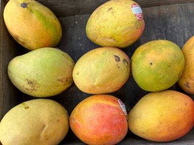 Colorful mangoes at a fruit and vegetable stand in Orlando, Florida.