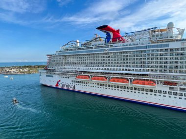 Orlando, FL USA - February 12, 2022: An aerial view of the Carnival Mardi Gras cruise ship at Port Canaveral in Florida.