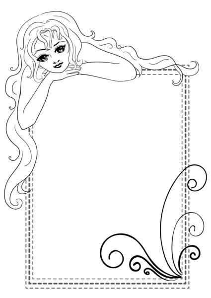 Ilustración vectorial de linda mujer de pelo largo en el marco de la frontera con rizos — Archivo Imágenes Vectoriales