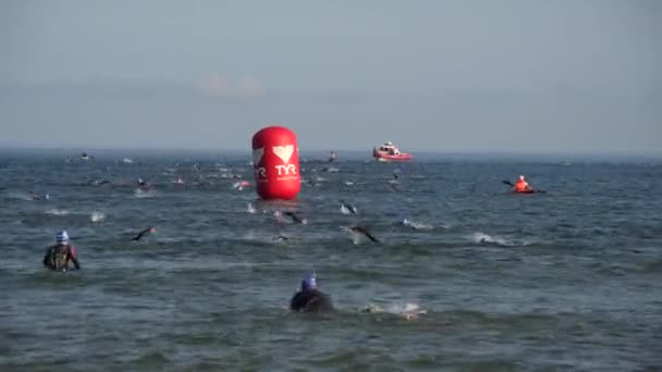 Triathlon competition swim course in cold water — Stock Video