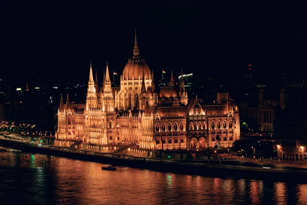 Parlamento Húngaro Rio Danúbio Noite Budapeste Hungria Dos Edifícios Mais — Fotografia de Stock