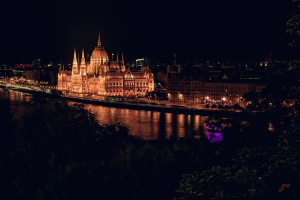 Ungarisches Parlament Und Donau Bei Nacht Budapest Ungarn Eines Der — Stockfoto