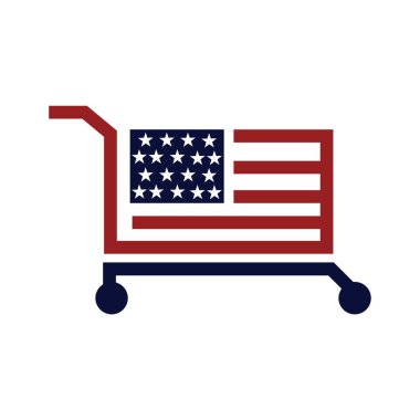 Amerikan bayrağı taşıyan alışveriş arabası. Beyaz arkaplanda Vektör Resimleri.