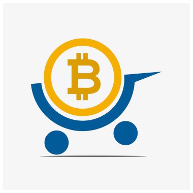 Bitcoin 'li alışveriş arabası. Düz dizayn. Beyaz arkaplandaki bitcoin alımının vektör illüstrasyonu.