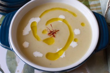 Potato and leek soup with saffron, white wine, and olive oil