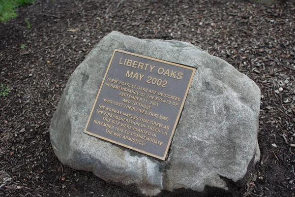 Brooklyn, NY, USA - July 23, 2019: Monument Plaque at Brooklyn Botanic Garden