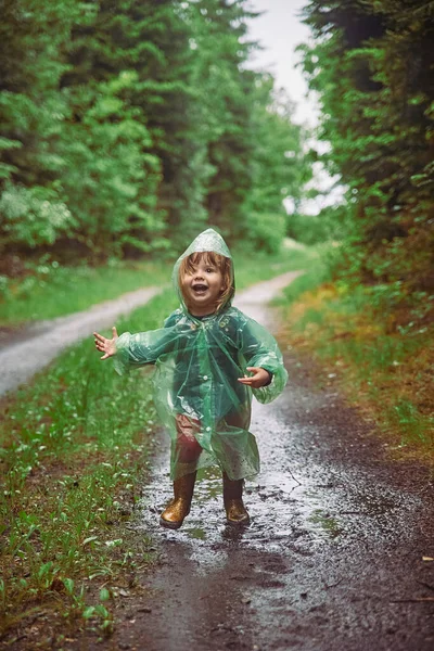 Niño Encantador Impermeable Bosque Nocturno Dinamarca Foto Alta Calidad —  Fotos de Stock