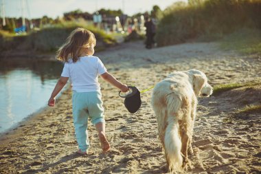 Charming child walking the dog on the beach at sunset. 
