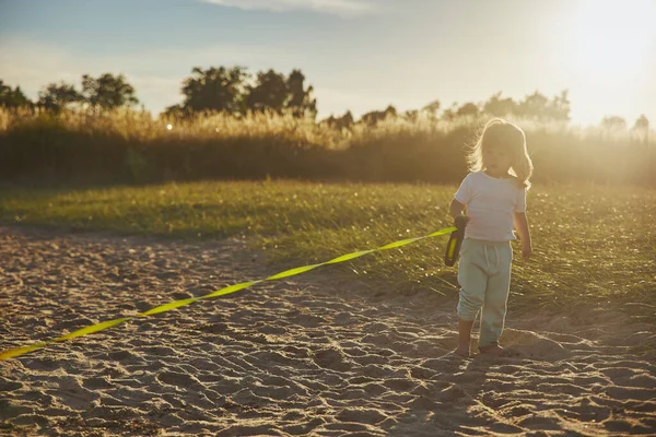 Charming Child Walking Dog Beach Sunset —  Fotos de Stock