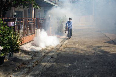 Bangkok, Tayland - 19 Kasım 2016: sisleme Ddt sivrisinek öldürmek için sprey ve denetim sivrisinek tarafından korumak kimliği belirsiz kişi olan bir taşıyıcı sıtma, ensefalit, Dang ve Zika virüs Köyü.