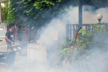 Bangkok, Tayland - 3 Temmuz 2016: Sivrisinekler için DDT spreyi kullanan tanımlanamayan kişiler, Malaria, Ensefalit, Dang ve Zika virüslerini kontrol ederek öldürüyorlar..