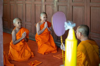 Ang Thong, Tayland - 23 Ekim 2016: Tayland 'da Budist papazlık görevinde bulunan kimliği belirsiz Asyalı çocuk, Tayland' da Budist dini töreninde acemi keşiş ya da küçük acemi rahip oldu.