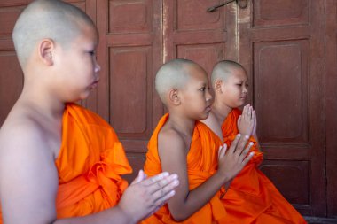 Ang Thong, Tayland - 23 Ekim 2016: Tayland 'da Budist papazlık görevinde bulunan kimliği belirsiz Asyalı çocuk, Tayland' da Budist dini töreninde acemi keşiş ya da küçük acemi rahip oldu.
