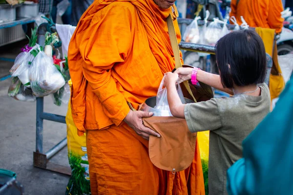 Thai Monk Ask Alms Morning Buddhist Make Merit Offer Food Stock Picture