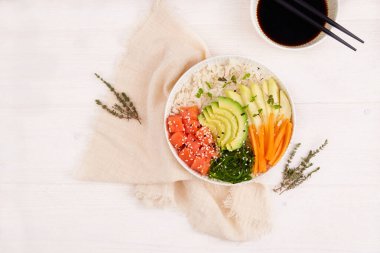 Somon ya da ton balığı, pirinç, avokado, mango, chuka yosunu, havuç, soya sosu, siyah beyaz susam tohumu..