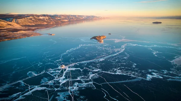 Aerial Photography Lake Baikal Winter Frozen Lake Transparent Ice Cracks — Stock Fotó