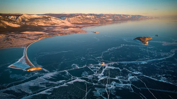 Dawn Lake Baikal Winter Frozen Lake Transparent Ice Cracks Aerial — Stock Fotó
