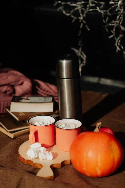 Stylish Autumn Outdoor Picnic Thermos Pumpkin Stock Picture