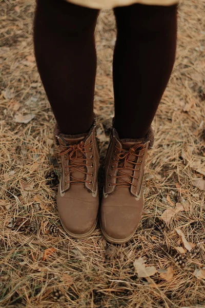Stylish Female Legs Warm Tights White Boots Autumn Walk Woods Stock Photo