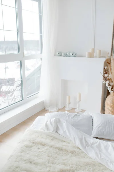 White Bed Large Window Bright Cozy Interior Minimalism Bedroom Royalty Free Stock Images