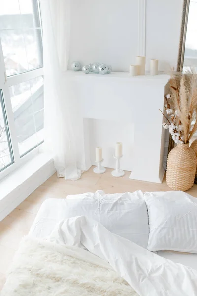 White Bed White Decorative Fireplace Cozy Bright Bedroom Minimalism Style Stock Image