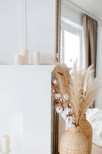 White Interior Minimalism Style Dried Flowers Pampas Grass Cotton Vase Stock Picture