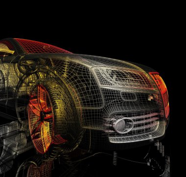 3D araba modeli siyah zemin.