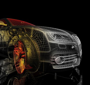 3D araba modeli siyah zemin.