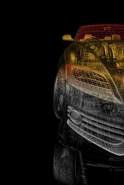 3D araba modeli siyah zemin.