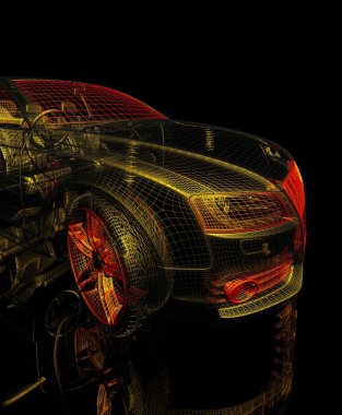 3D araba modeli siyah zemin.