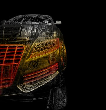 3D araba modeli siyah zemin.