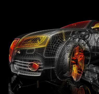 3D araba modeli siyah zemin.