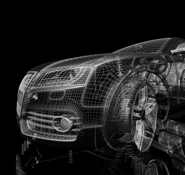 3D araba modeli siyah zemin.