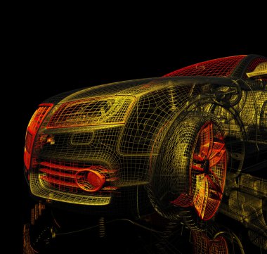 3D araba modeli siyah zemin.