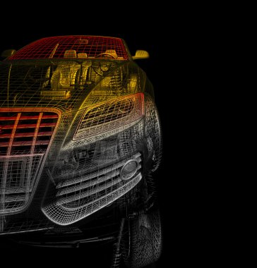 3D araba modeli siyah zemin.