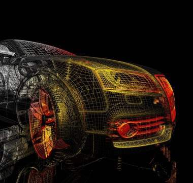 3D araba modeli siyah zemin.