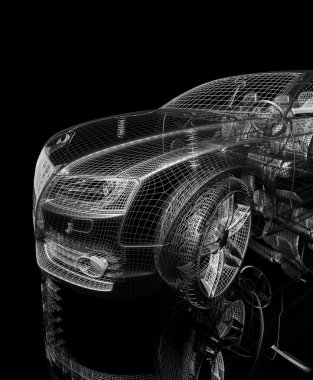 3D araba modeli siyah zemin.