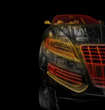 3D araba modeli siyah zemin.