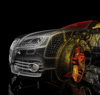 3D araba modeli siyah zemin.